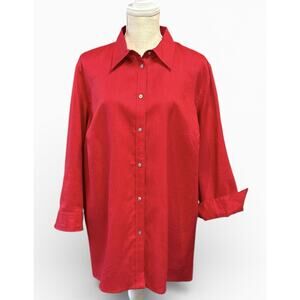 Chaps Blouse Womens Christmas Red 100% Linen Button Up 3/4 Open Sleeve Shirt 2X